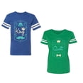 thumbnail image 1 of King Queen Pentagon Emerald Gold Unisex Couple Matching Cotton Jersey style T-Shirt Contrasting stripes on sleeves (Men Royal / Women Green) (Men L / Women XL), 1 of 3