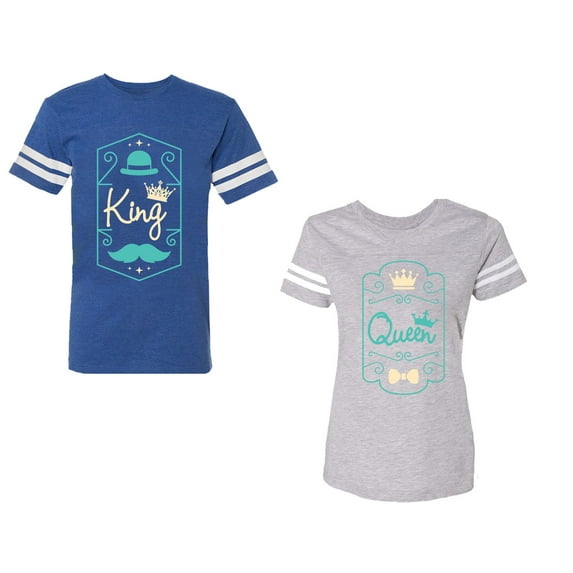 King Queen Pentagon Emerald Gold Unisex Couple Matching Cotton Jersey style T-Shirt Contrasting stripes on sleeves (Men Royal / Women Heather) (Men M / Women S)