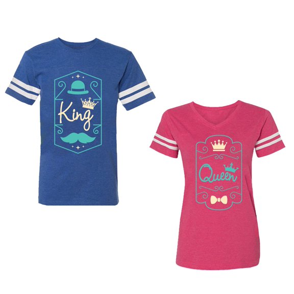 King Queen Pentagon Emerald Gold Unisex Couple Matching Cotton Jersey style T-Shirt Contrasting stripes on sleeves (Men Royal / Women Pink) (Men M / Women L)
