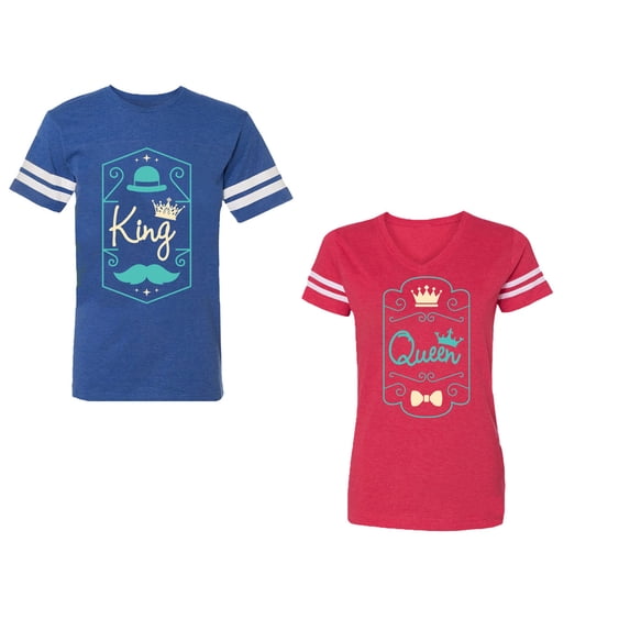 King Queen Pentagon Emerald Gold Unisex Couple Matching Cotton Jersey style T-Shirt Contrasting stripes on sleeves (Men Royal / Women Red) (Men XXXL / Women XXL)