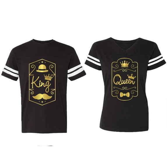 King Queen Pentagon Gold Matching Couple Cotton Jerseys (Men Black / Women Black) (Men XXL / Women S)