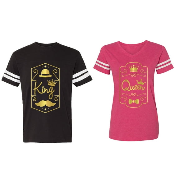 King Queen Pentagon Gold Matching Couple Cotton Jerseys (Men Black / Women Pink) (Men XL / Women XL)