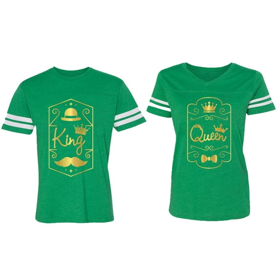 King Queen Pentagon Gold Matching Couple Cotton Jerseys (Men Green / Women Green) (Men XL / Women L)