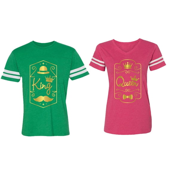 King Queen Pentagon Gold Matching Couple Cotton Jerseys (Men Green / Women Pink) (Men M / Women L)