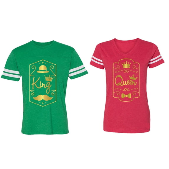 King Queen Pentagon Gold Matching Couple Cotton Jerseys (Men Green / Women Red) (Men L / Women L)