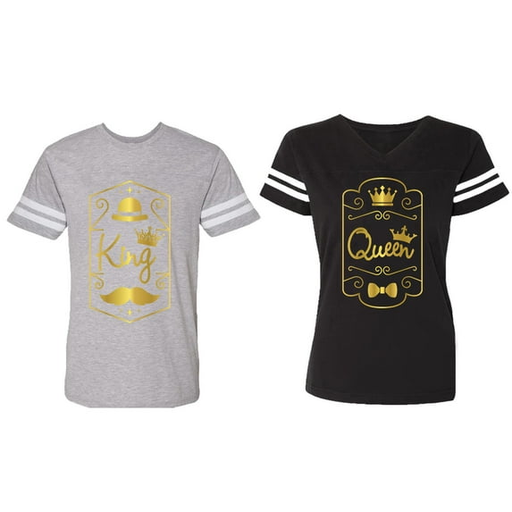 King Queen Pentagon Gold Matching Couple Cotton Jerseys (Men Heather / Women Black) (Men XL / Women M)