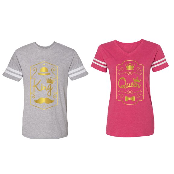 King Queen Pentagon Gold Matching Couple Cotton Jerseys (Men Heather / Women Pink) (Men S / Women L)