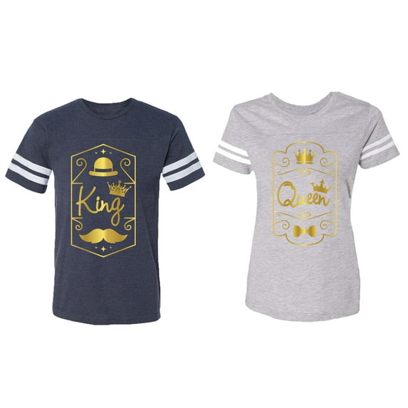 King Queen Pentagon Gold Matching Couple Cotton Jerseys (Men Navy / Women Heather) (Men XL / Women S)
