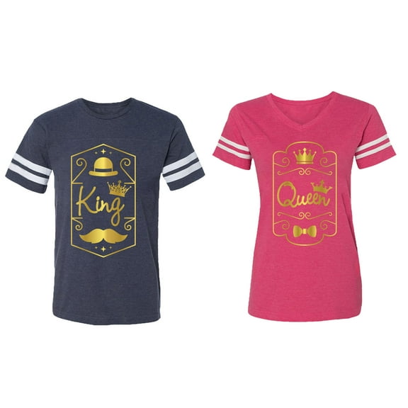 King Queen Pentagon Gold Matching Couple Cotton Jerseys (Men Navy / Women Pink) (Men M / Women M)