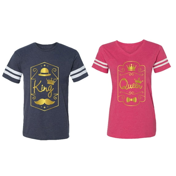 King Queen Pentagon Gold Matching Couple Cotton Jerseys (Men Navy / Women Pink) (Men S / Women S)