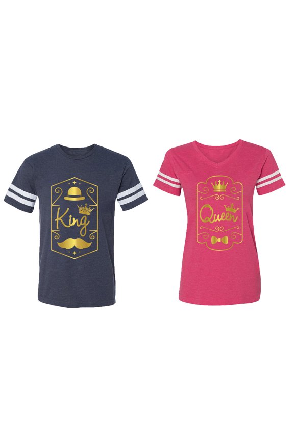King Queen Pentagon Gold Matching Couple Cotton Jerseys (Men Navy / Women Pink) (Men XL / Women M)