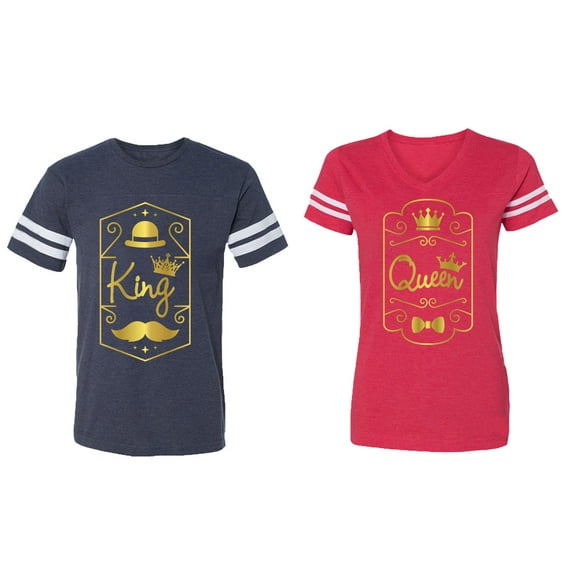 King Queen Pentagon Gold Matching Couple Cotton Jerseys (Men Navy / Women Red) (Men XL / Women S)