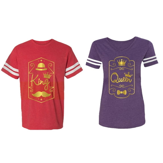 King Queen Pentagon Gold Matching Couple Cotton Jerseys (Men Red / Women Purple) (Men L / Women M)
