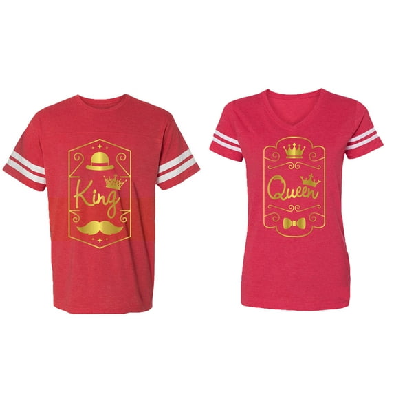 King Queen Pentagon Gold Matching Couple Cotton Jerseys (Men Red / Women Red) (Men S / Women XL)