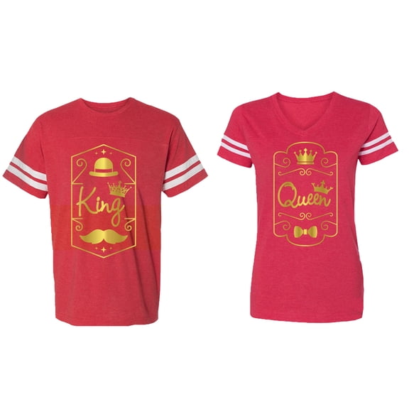 King Queen Pentagon Gold Matching Couple Cotton Jerseys (Men Red / Women Red) (Men XXL / Women L)