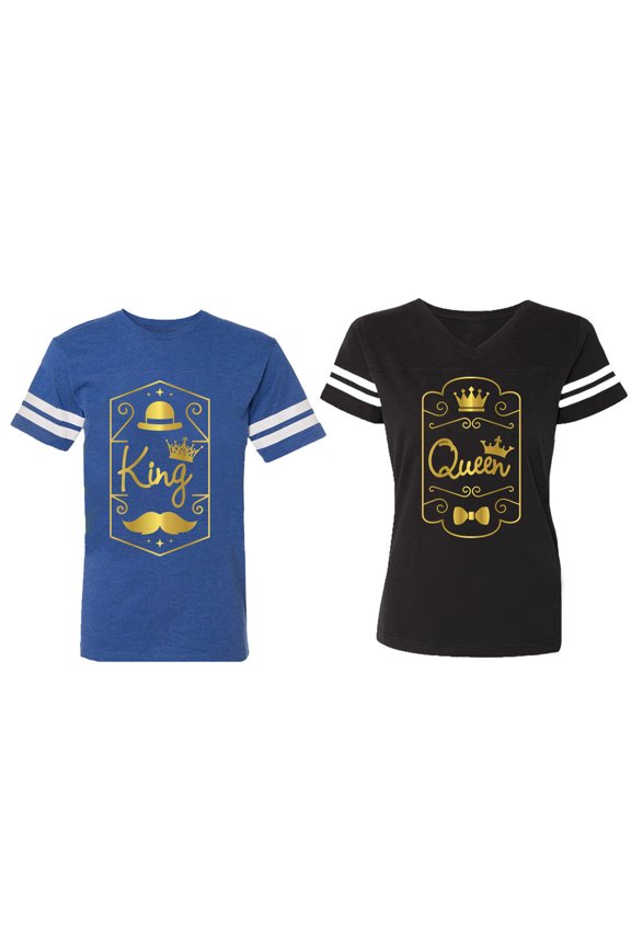 King Queen Pentagon Gold Matching Couple Cotton Jerseys (Men Royal / Women Black) (Men S / Women S)