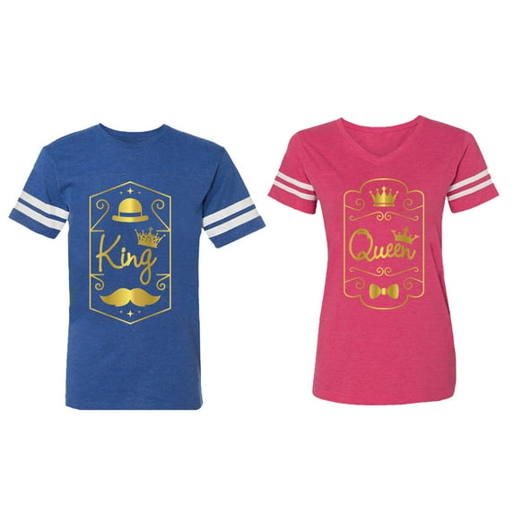 King Queen Pentagon Gold Matching Couple Cotton Jerseys (Men Royal / Women Pink) (Men XXL / Women L)