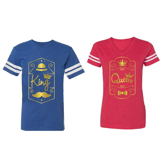 King Queen Pentagon Gold Matching Couple Cotton Jerseys (Men Royal / Women Red) (Men XXL / Women M)