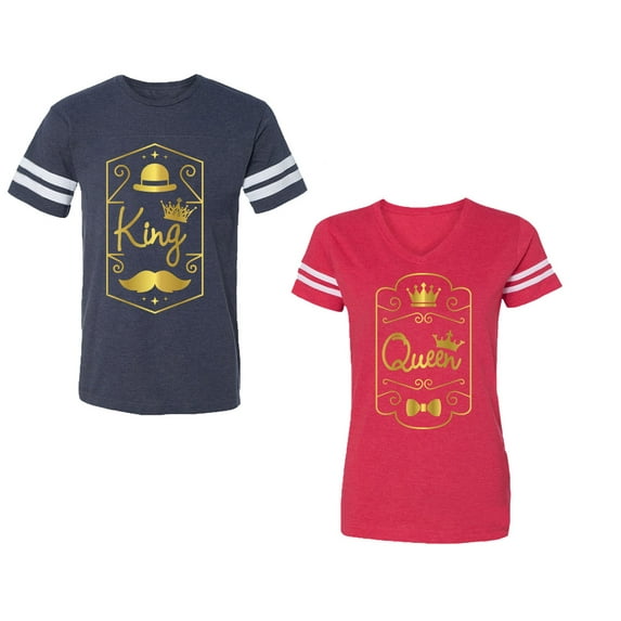 King Queen Pentagon Gold Unisex Couple Matching Cotton Jersey style T-Shirt Contrasting stripes on sleeves (Men Navy / Women Red) (Men M / Women M)