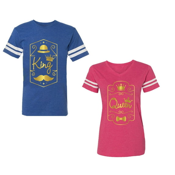 King Queen Pentagon Gold Unisex Couple Matching Cotton Jersey style T-Shirt Contrasting stripes on sleeves (Men Royal / Women Pink) (Men M / Women S)
