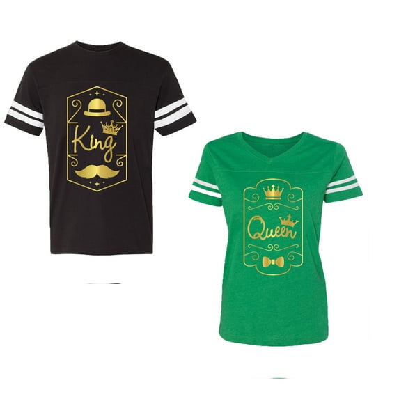 King Queen Pentagon Gold Unisex Couple Matching Cotton Jersey style T-Shirt Contrasting stripes on sleeves (Men Black / Women Green) (Men XL / Women XL)