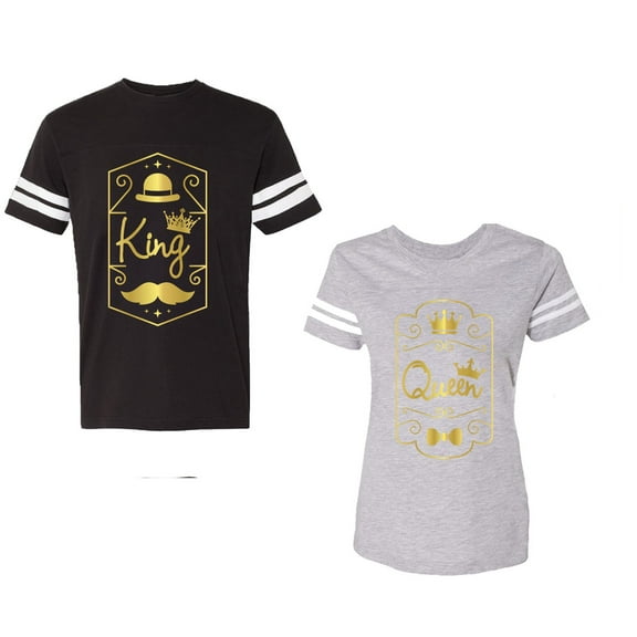 King Queen Pentagon Gold Unisex Couple Matching Cotton Jersey style T-Shirt Contrasting stripes on sleeves (Men Black / Women Heather) (Men M / Women L)