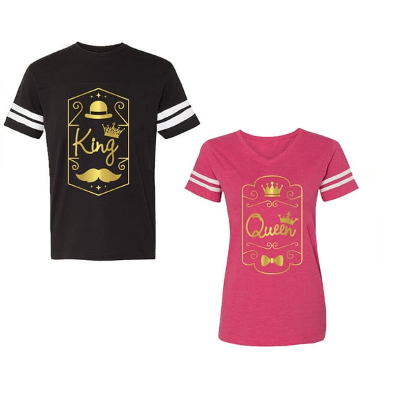 King Queen Pentagon Gold Unisex Couple Matching Cotton Jersey style T-Shirt Contrasting stripes on sleeves (Men Black / Women Pink) (Men S / Women XXL)