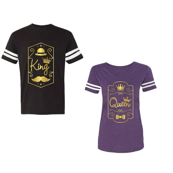 King Queen Pentagon Gold Unisex Couple Matching Cotton Jersey style T-Shirt Contrasting stripes on sleeves (Men Black / Women Purple) (Men XL / Women XXL)