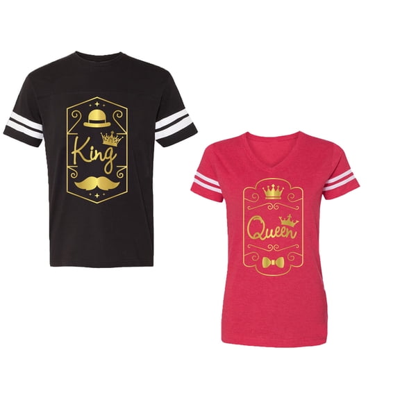 King Queen Pentagon Gold Unisex Couple Matching Cotton Jersey style T-Shirt Contrasting stripes on sleeves (Men Black / Women Red) (Men XXL / Women S)