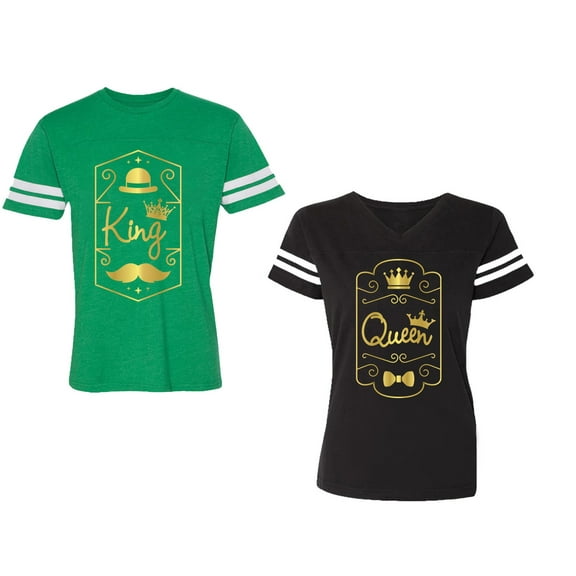 King Queen Pentagon Gold Unisex Couple Matching Cotton Jersey style T-Shirt Contrasting stripes on sleeves (Men Green / Women Black) (Men S / Women S)