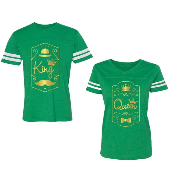 King Queen Pentagon Gold Unisex Couple Matching Cotton Jersey style T-Shirt Contrasting stripes on sleeves (Men Green / Women Green) (Men XL / Women L)