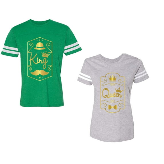 King Queen Pentagon Gold Unisex Couple Matching Cotton Jersey style T-Shirt Contrasting stripes on sleeves (Men Green / Women Heather) (Men M / Women XL)