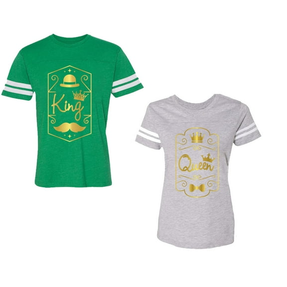 King Queen Pentagon Gold Unisex Couple Matching Cotton Jersey style T-Shirt Contrasting stripes on sleeves (Men Green / Women Heather) (Men XL / Women L)