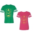 thumbnail image 1 of King Queen Pentagon Gold Unisex Couple Matching Cotton Jersey style T-Shirt Contrasting stripes on sleeves (Men Green / Women Pink) (Men XXL / Women S), 1 of 3