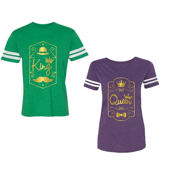 King Queen Pentagon Gold Unisex Couple Matching Cotton Jersey style T-Shirt Contrasting stripes on sleeves (Men Green / Women Purple) (Men S / Women XXL)