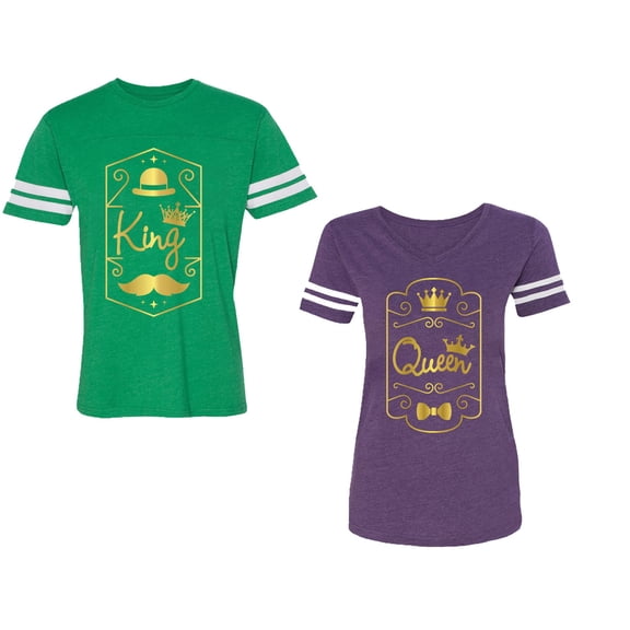 King Queen Pentagon Gold Unisex Couple Matching Cotton Jersey style T-Shirt Contrasting stripes on sleeves (Men Green / Women Purple) (Men XL / Women XXL)
