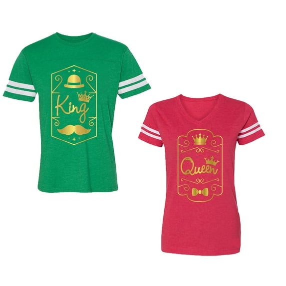 King Queen Pentagon Gold Unisex Couple Matching Cotton Jersey style T-Shirt Contrasting stripes on sleeves (Men Green / Women Red) (Men L / Women XXL)