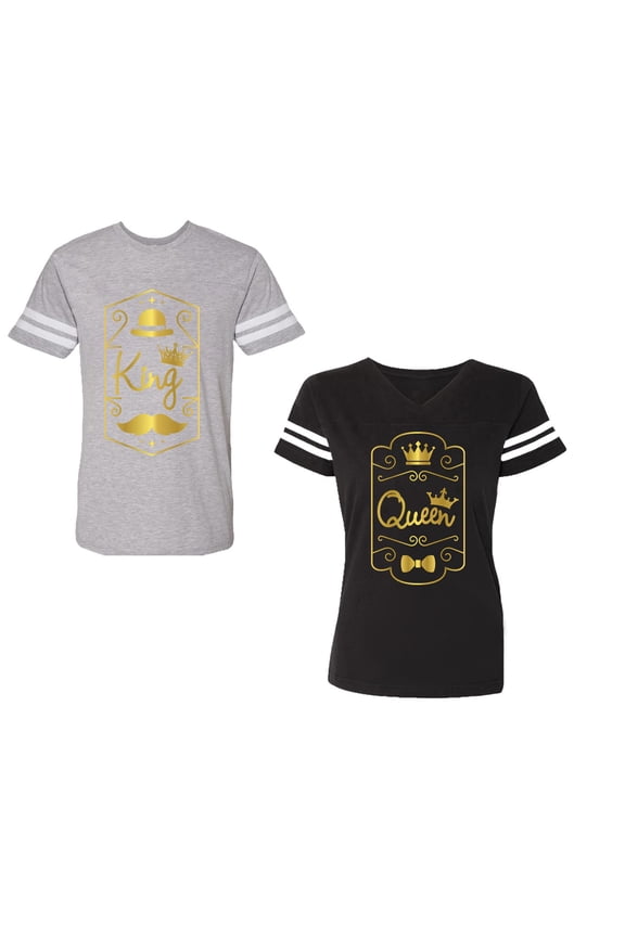 King Queen Pentagon Gold Unisex Couple Matching Cotton Jersey style T-Shirt Contrasting stripes on sleeves (Men Heather / Women Black) (Men S / Women XXL)