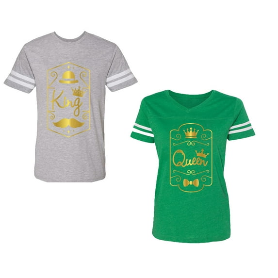 King Queen Pentagon Gold Unisex Couple Matching Cotton Jersey style T-Shirt Contrasting stripes on sleeves (Men Heather / Women Green) (Men M / Women XXL)
