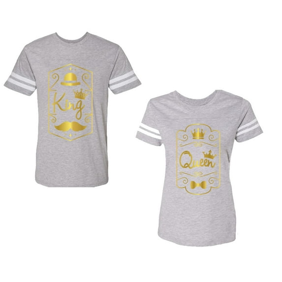 King Queen Pentagon Gold Unisex Couple Matching Cotton Jersey style T-Shirt Contrasting stripes on sleeves (Men Heather / Women Heather) (Men L / Women M)