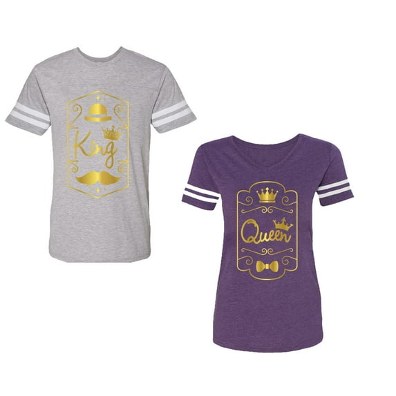 King Queen Pentagon Gold Unisex Couple Matching Cotton Jersey style T-Shirt Contrasting stripes on sleeves (Men Heather / Women Purple) (Men XL / Women S)