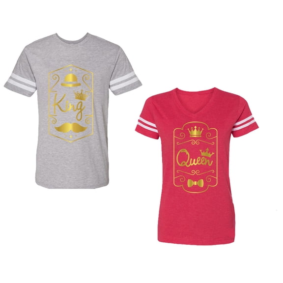 King Queen Pentagon Gold Unisex Couple Matching Cotton Jersey style T-Shirt Contrasting stripes on sleeves (Men Heather / Women Red) (Men L / Women M)
