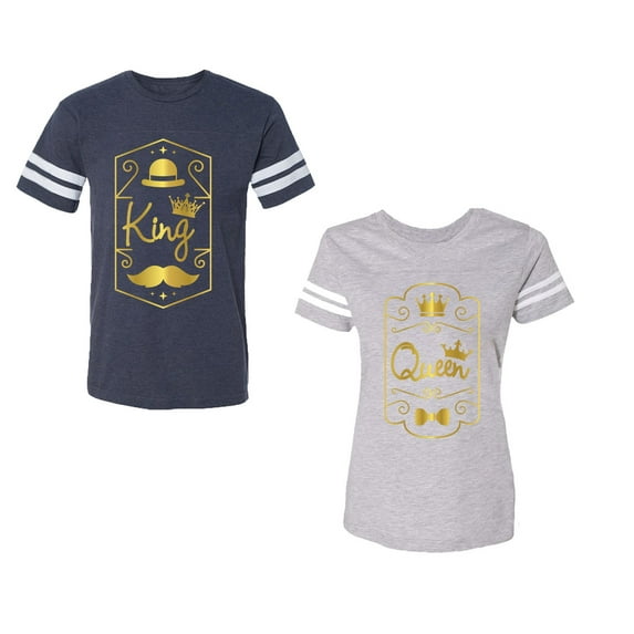 King Queen Pentagon Gold Unisex Couple Matching Cotton Jersey style T-Shirt Contrasting stripes on sleeves (Men Navy / Women Heather) (Men XL / Women L)