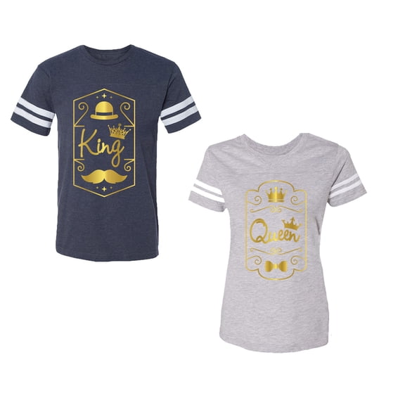 King Queen Pentagon Gold Unisex Couple Matching Cotton Jersey style T-Shirt Contrasting stripes on sleeves (Men Navy / Women Heather) (Men XL / Women S)