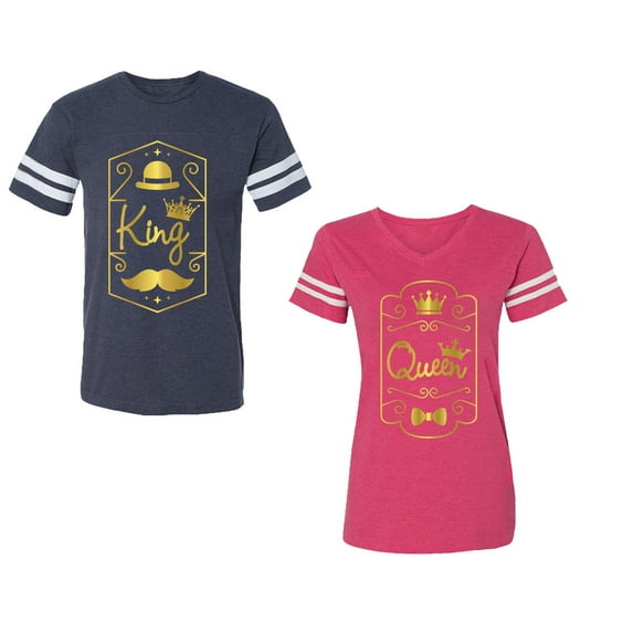 King Queen Pentagon Gold Unisex Couple Matching Cotton Jersey style T-Shirt Contrasting stripes on sleeves (Men Navy / Women Pink) (Men XXXL / Women XXL)