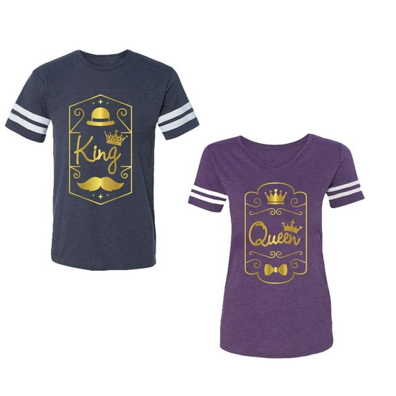 King Queen Pentagon Gold Unisex Couple Matching Cotton Jersey style T-Shirt Contrasting stripes on sleeves (Men Navy / Women Purple) (Men M / Women L)
