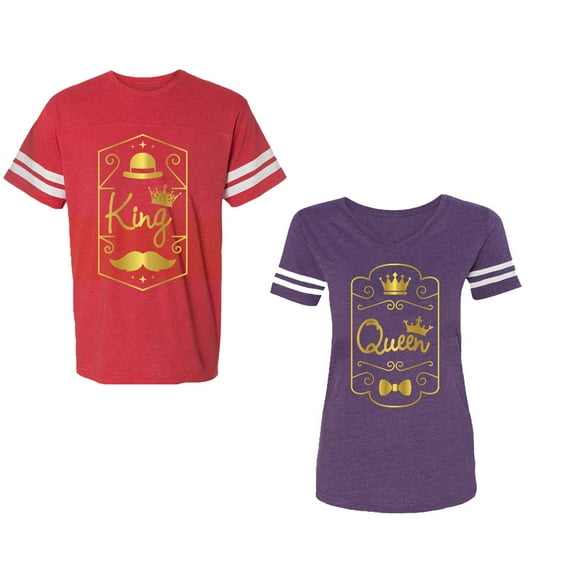 King Queen Pentagon Gold Unisex Couple Matching Cotton Jersey style T-Shirt Contrasting stripes on sleeves (Men Red / Women Purple) (Men XL / Women S)
