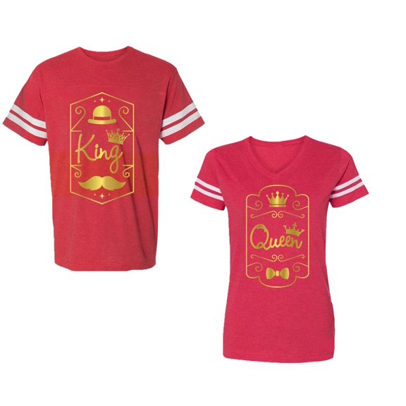King Queen Pentagon Gold Unisex Couple Matching Cotton Jersey style T-Shirt Contrasting stripes on sleeves (Men Red / Women Red) (Men XXXL / Women XXL)
