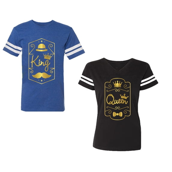 King Queen Pentagon Gold Unisex Couple Matching Cotton Jersey style T-Shirt Contrasting stripes on sleeves (Men Royal / Women Black) (Men M / Women XXL)