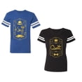 thumbnail image 1 of King Queen Pentagon Gold Unisex Couple Matching Cotton Jersey style T-Shirt Contrasting stripes on sleeves (Men Royal / Women Black) (Men S / Women S), 1 of 3